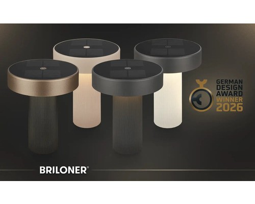 Briloner solcellsbordslampor med räfflad fot och solpanel, Briloner Logo, utmärkelse German Design Award Winner 2026.