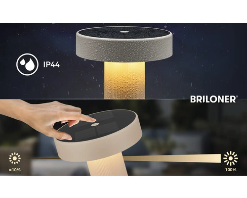Briloner solcellsbordslampa med IP44 stänkvattenskydd och touch-dimmerfunktion från circa 10 till 100 procent. Briloner Logo.