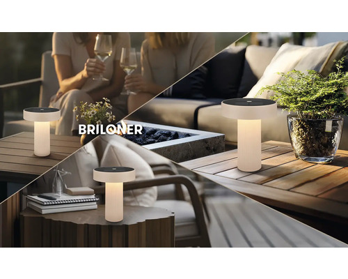 Briloner LED bordslampa för utomhusbruk på träbord i olika trädgårds- och terrassmiljöer, modern design, trådlös.