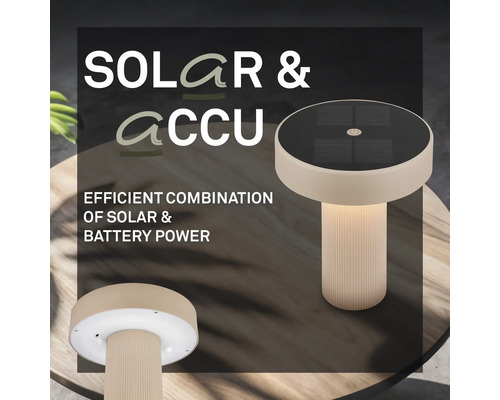 Modern bordslampa med solpanel och batteridrift samt räfflad fot.