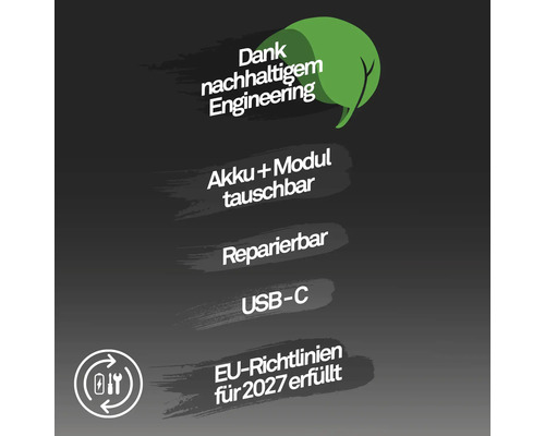 Information om hållbarhet: utbytbart batteri och modul, reparerbar, USB-C anslutning, uppfyller Europeiska unionens riktlinjer för 2027.