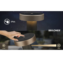 Briloner Logo. Solcellsbordslampa med kapslingsklass IP44 och touchdimmer från 10 till 100 procent.