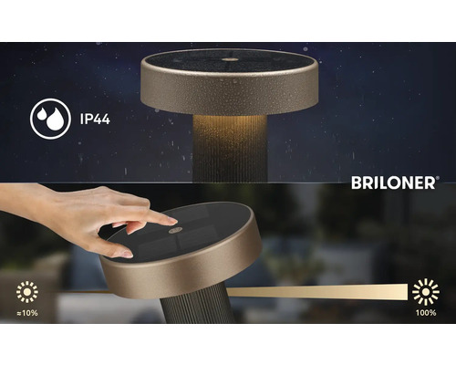 Briloner Logo. Solcellsbordslampa med kapslingsklass IP44 och touchdimmer från 10 till 100 procent.