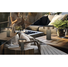 Modern Briloner bordslampa med metalltopp och räfflad bas på terrass och balkong, Briloner Logo.