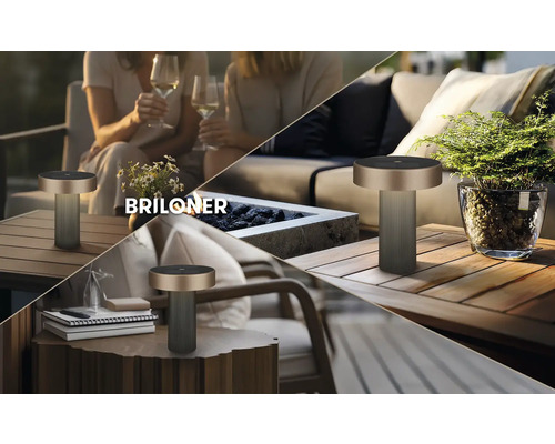 Modern Briloner bordslampa med metalltopp och räfflad bas på terrass och balkong, Briloner Logo.