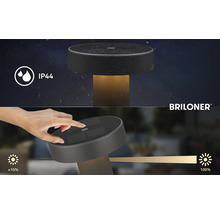 Utomhuslampa med solpanel, IP44 stänkskydd och touch-dimningsfunktion från circa 10 till 100 procent. Briloner Logo.