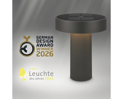 Modern solcellsdriven bordslampa med utmärkelserna German Design Award Winner 2026 och Årets lampa 2025.