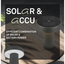 Modern utomhuslampa med kombinerad sol- och batteridrift, integrerad solpanel och LED-belysning.