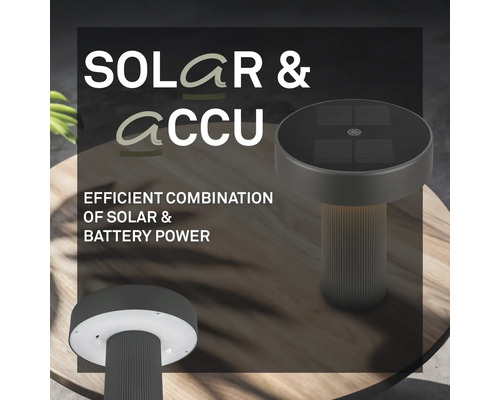 Modern utomhuslampa med kombinerad sol- och batteridrift, integrerad solpanel och LED-belysning.