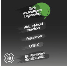 Information om hållbarhet: utbytbart batteri och modul, reparerbar, USB-C anslutning, uppfyller Europeiska unionens riktlinjer för 2027.