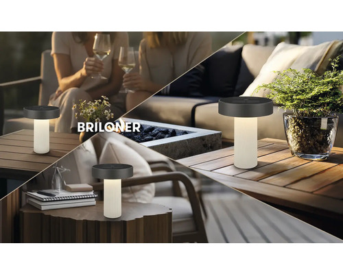 Briloner LED-bordslampa med batteri för utomhusbruk, bärbar, på träytor i olika trädgårdsmiljöer med Briloner Logo.
