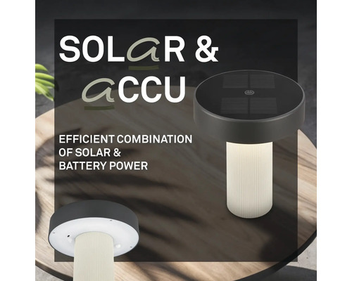 Solcells- och batteridriven bordslampa med runda solceller på ovansidan och en räfflad, lysande fot.