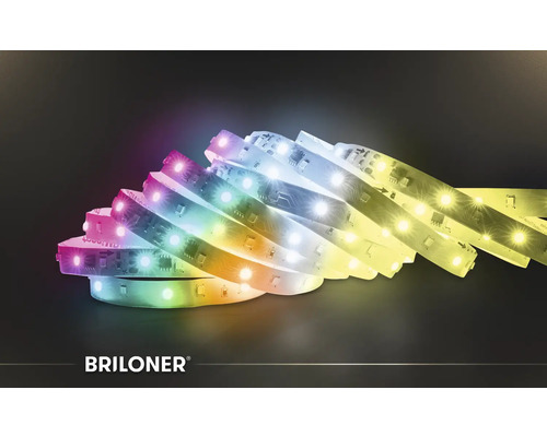 Briloner LED-list med färgväxling och vitt ljus för dekorativ belysning. Briloner Logo.