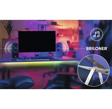 Briloner Logo, gaming-setup med LED-list, musiksynkronisering och visning av en kapbar LED-list.