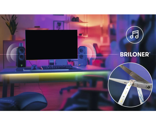 Briloner Logo, gaming-setup med LED-list, musiksynkronisering och visning av en kapbar LED-list.