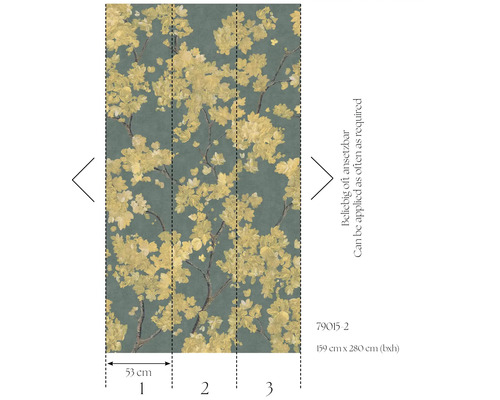 Nonwoventapet med blommigt mönster av gula blommor, 159 gånger 280 centimeter, kan mönsterpassas valfritt antal gånger.