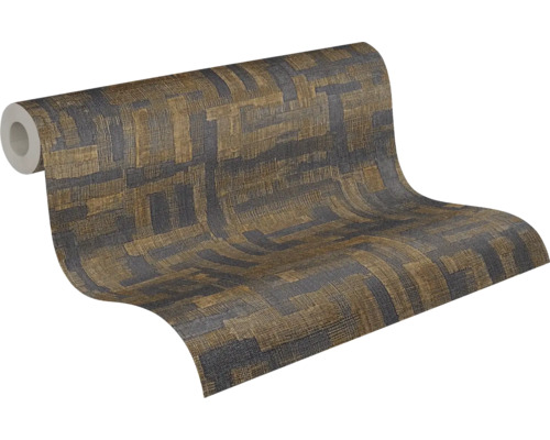 Non-woven tapet med abstrakt geometriskt mönster i brunt och grått med vävd struktur.