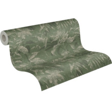 Tapetrulle med ett botaniskt mönster av blad och blommor i grönt och beige.