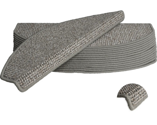 Set med trappstegsmattor av öglad lugg, halvrund form med vinkelkant för trappsteg.