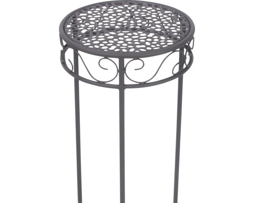 Runt blombord i metall med hålmönster och dekorativa detaljer, antracit.
