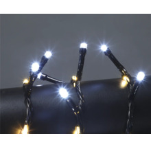 LED-ljusslinga med små vita och varmvita lampor på en svart kabel.