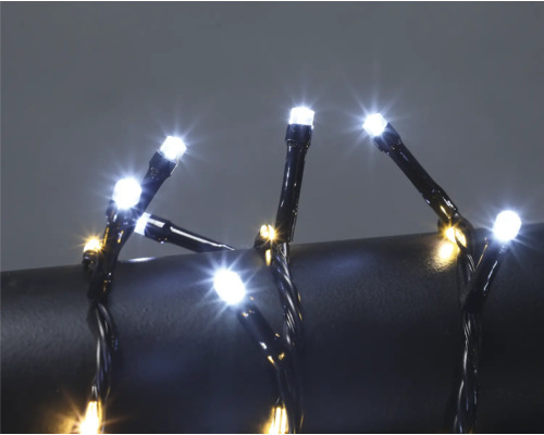 LED-ljusslinga med små vita och varmvita lampor på en svart kabel.