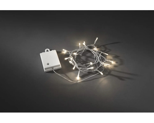 Batteridriven LED-ljusslinga med transparent kabel och vitt batterifack.