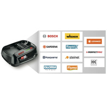Bosch Power For All Alliance-batteri med översikt över deltagande varumärkeslogotyper.