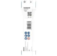 Baksida av Bosch Expert produktförpackning med streckkod, QR-kod, säkerhetssymboler för skyddsutrustning, Bosch Logo och återvinningsinformation.