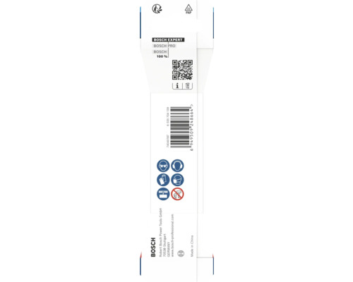 Baksida av Bosch Expert produktförpackning med streckkod, QR-kod, säkerhetssymboler för skyddsutrustning, Bosch Logo och återvinningsinformation.