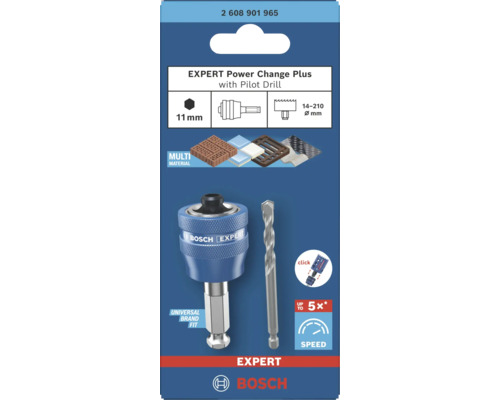 Bosch Expert Power Change Plus-adapter med 11 millimeter sexkantsskaft och centrumborr för hålsågar från 14 till 210 millimeter.