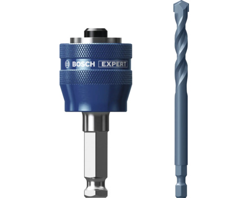Blå Bosch Expert adapter och borr med sexkantsskaft.