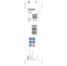 Baksidan av Bosch förpackning med QR-kod, streckkod, säkerhetssymboler för glasögon, hörselskydd, handskar, mask och Bosch Logo.