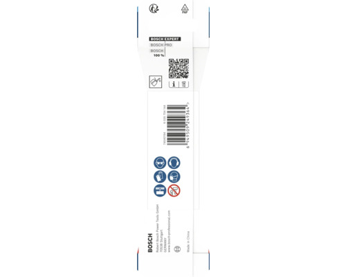 Baksidan av Bosch förpackning med QR-kod, streckkod, säkerhetssymboler för glasögon, hörselskydd, handskar, mask och Bosch Logo.