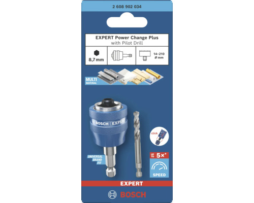 Bosch Expert Power Change Plus adapter med centrumborr för hålsågar 14 till 210 millimeter diameter, sexkantsskaft 8,7 millimeter.