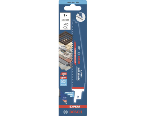 Bosch EXPERT Multi Material tigersågblad S 959 XHM med hårdmetallteknik, lång livslängd, för material upp till hundra millimeter, Bosch Logo.