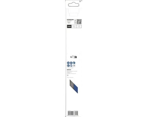 Baksidan av förpackningen till ett Bosch Expert Carbide tigersågsblad med tekniska data, säkerhetssymboler och Bosch Logo.