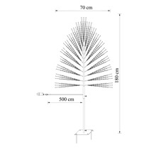 Skiss av ett LED-ljusträd med en höjd på 180 centimeter, en bredd på 70 centimeter och en 500 centimeter lång kabel.