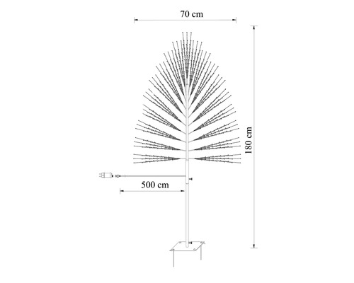 Skiss av ett LED-ljusträd med en höjd på 180 centimeter, en bredd på 70 centimeter och en 500 centimeter lång kabel.