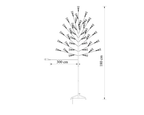 Måttskiss av ett LED-ljusträd med en höjd på 180 centimeter och en kabellängd på 300 centimeter.