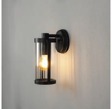 Modern utomhusvägglampa med svart metallram och cylindrisk glasskärm.