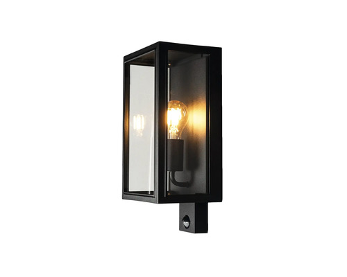 Svart rektangulär utomhusvägglampa av metall och glas med rörelsesensor och lysande ljuskälla.