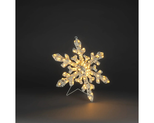 LED-snöflinga med varmvita lampor och metallstativ för juldekoration.