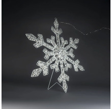 Silverfärgad LED-snöflinga av metallnät med stativ för juldekoration.