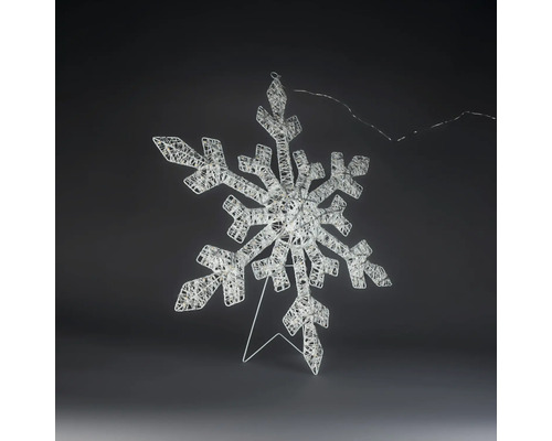 Silverfärgad LED-snöflinga av metallnät med stativ för juldekoration.