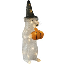Belyst LED-dekorationsfigur mus med svart häxhatt och orange pumpa, av plast.