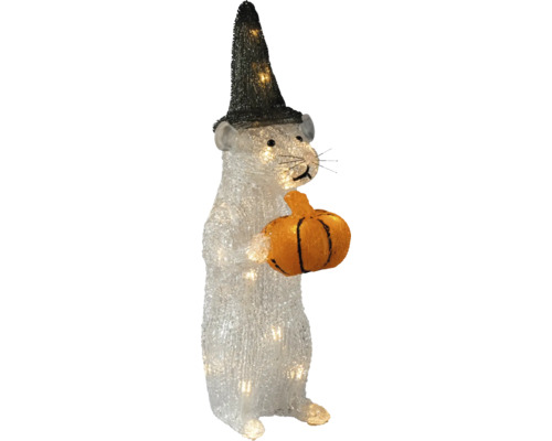 Belyst LED-dekorationsfigur mus med svart häxhatt och orange pumpa, av plast.