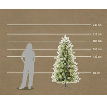 Konstgjord julgran med belysning och snöeffekt, höjd 210 centimeter i jämförelse med en person.