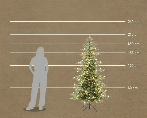 Konstgjord julgran med LED-belysning i en storleksjämförelse med en person och höjdangivelser upp till 240 centimeter.