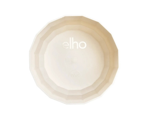 Vy uppifrån av en fasetterad Elho blomkruka i plast med elho Logo i mitten.